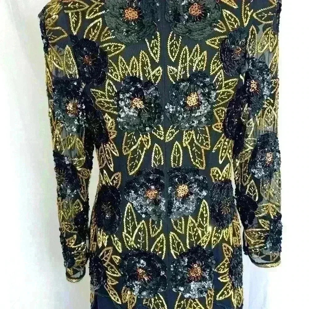 Vintage 1980s Morgan Taylor Evening 100% Silk Black Gold Beaded Sequins Dress - Picture 9 of 10